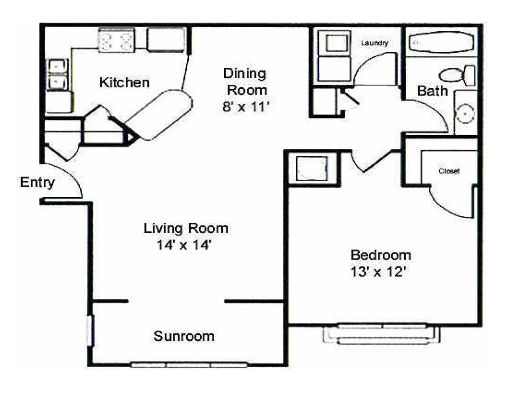 Floor plan for 1 bed, 1 bath, 864 sqft